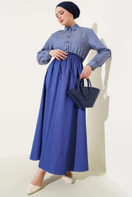 Pazarium - Çizgili Gömlek Garnili Elbise Kot