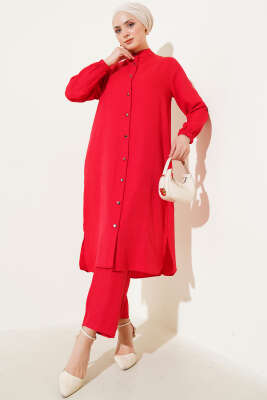Pazarium - Hakim Yaka Boydan Düğmeli İkili Takım Kırmızı