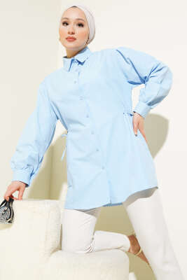 Pazarium - Yanları İp Bağlamalı Gömlek Mavi