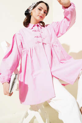 Pazarium - Fiyonk Süslemeli Büzgülü Gömlek Pembe