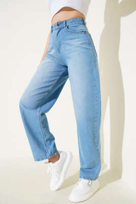 Pazarium - Salaş Geniş Paça Baggy Kot Pantolon Orta Mavi