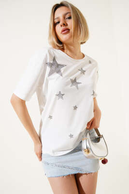 Yıldız Taş Süslemeli T-shirt Ekru - Thumbnail