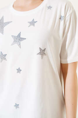 Yıldız Taş Süslemeli T-shirt Ekru - Thumbnail