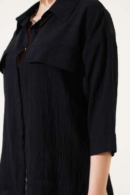 Cep Kapaklı Fakir Kol Gömlek Siyah - Thumbnail