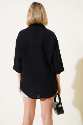 Cep Kapaklı Fakir Kol Gömlek Siyah - Thumbnail