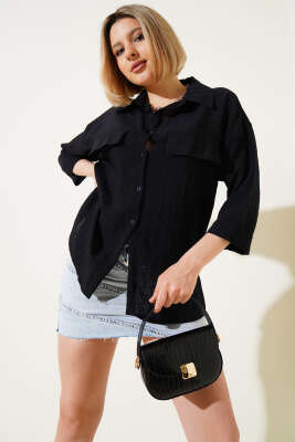 Pazarium - Cep Kapaklı Fakir Kol Gömlek Siyah