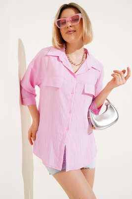 Pazarium - Cep Kapaklı Fakir Kol Gömlek Pembe