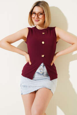 Pazarium - Düğme Detaylı Kolsuz Bluz Bordo