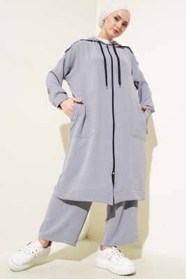 Pazarium - Omuz Apoletli Uzun Hırkalı Ayrobin İkili Takım Gri