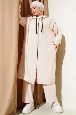 Pazarium - Omuz Apoletli Uzun Hırkalı Ayrobin İkili Takım Bej