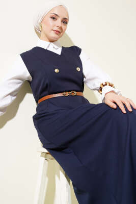 Gold Düğmeli Kemerli Jile Elbise Lacivert - Thumbnail
