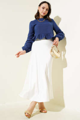 Fırfırlı Keten Bluz Lacivert - Thumbnail