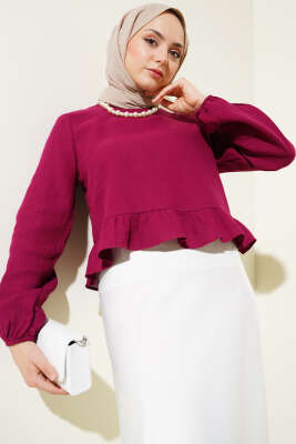 Fırfırlı Keten Bluz Vişne - Thumbnail