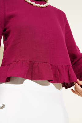 Fırfırlı Keten Bluz Vişne - Thumbnail