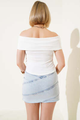 Fitilli Kayık Yaka Bluz Ekru - Thumbnail