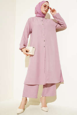 Pazarium - Hakim Yaka Düğmeli İkili Takım Pudra