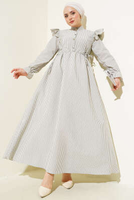 Pazarium - Omuz Fırfırlı Bel Lastikli Gofre Elbise Füme