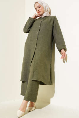 Pazarium - Hakim Yaka Düğmeli İkili Takım Haki