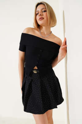 Pazarium - Fitilli Kayık Yaka Bluz Siyah