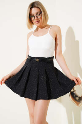 Kemerli Taşlı Pileli Mini Etek Siyah - Thumbnail