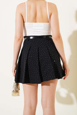 Kemerli Taşlı Pileli Mini Etek Siyah - Thumbnail