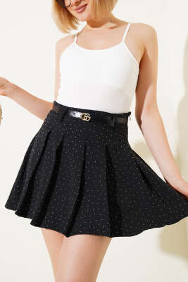 Kemerli Taşlı Pileli Mini Etek Siyah - Thumbnail