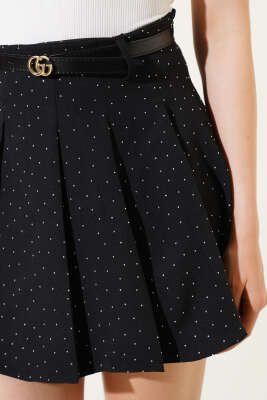 Kemerli Taşlı Pileli Mini Etek Siyah - Thumbnail