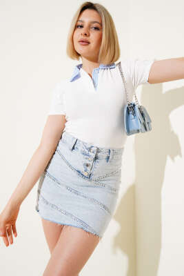 Gömlek Garni Yakalı Bluz Beyaz - Thumbnail