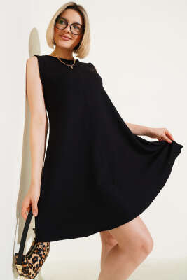 Pazarium - Kolsuz Kaşkorse Mini Elbise Siyah