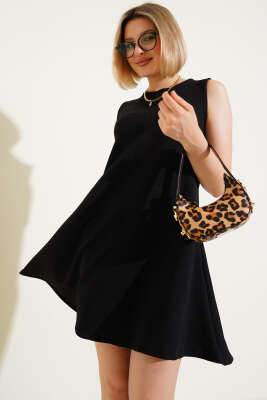 Kolsuz Kaşkorse Mini Elbise Siyah - Thumbnail