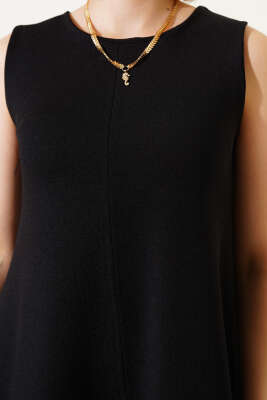 Kolsuz Kaşkorse Mini Elbise Siyah - Thumbnail