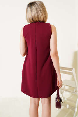 Kolsuz Kaşkorse Mini Elbise Bordo - Thumbnail