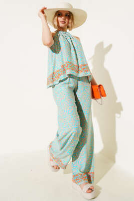 Boyun Bağlamalı Etnik Desen İkili Takım Petrol - Thumbnail