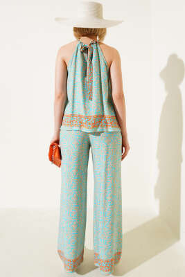 Boyun Bağlamalı Etnik Desen İkili Takım Petrol - Thumbnail