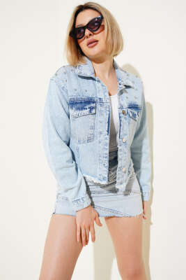 Pazarium - Taşlı Püsküllü Kısa Kot Ceket Mavi