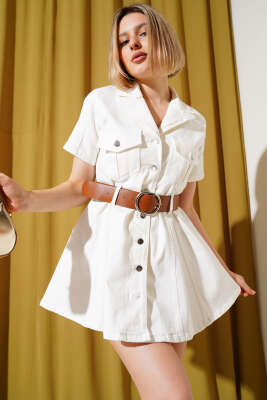 Pazarium - Kemerli Mini Kot Elbise Ekru