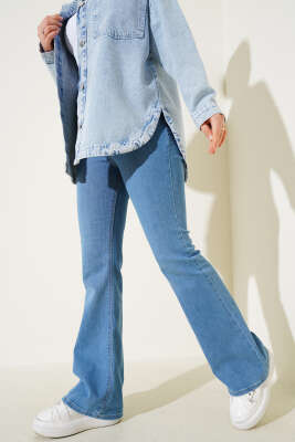 Pazarium - Yüksel Bel İspanyol Paça Pantolon Açık Mavi