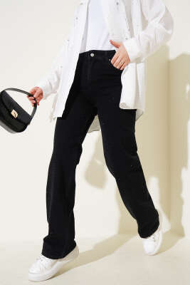 Pazarium - Taşlı Palazzo Kot Pantolon Füme