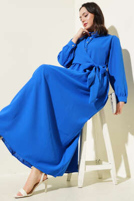 Pazarium - Yarım Taş Düğmeli Yandan Bağlamalı Elbise Saks