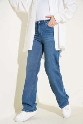 Pazarium - Yüksek Bel Palazzo Kot Pantolon Tintli