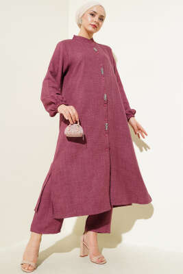 Pazarium - Taş Süslemeli Uzun Tunikli İkili Takım Burgonya