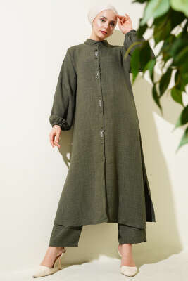 Pazarium - Taş Süslemeli Uzun Tunikli İkili Takım Haki