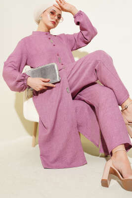 Pazarium - Taş Süslemeli Uzun Tunikli İkili Takım Gül Kurusu