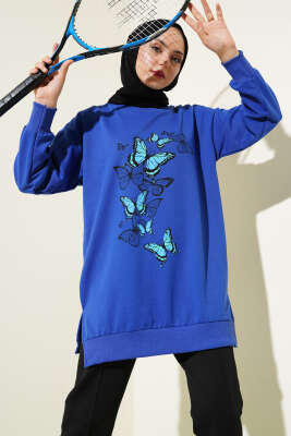 Pazarium - Kelebek Baskılı İki İplik Tunik Saks