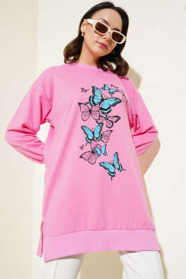 Pazarium - Kelebek Baskılı İki İplik Tunik Pembe