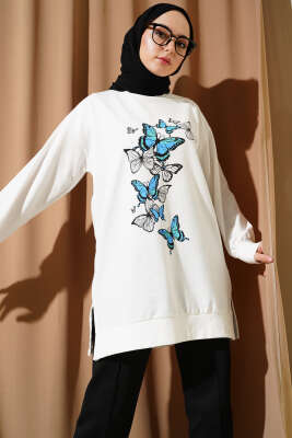 Pazarium - Kelebek Baskılı İki İplik Tunik Beyaz