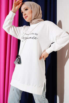 Pazarium - Elegance Baskılı İki İplik Tunik Beyaz