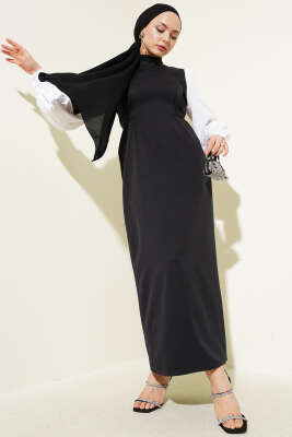 Pazarium - Belden Kendi Kuşaklı Gömlek Kol Elbise Siyah