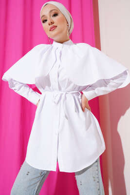 Pazarium - Fırfır Pelerinli İp Kuşaklı Gömlek Beyaz