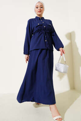 Pazarium - Çıtçıt Düğmeli Bel Tünelli Etekli İkili Takım Lacivert